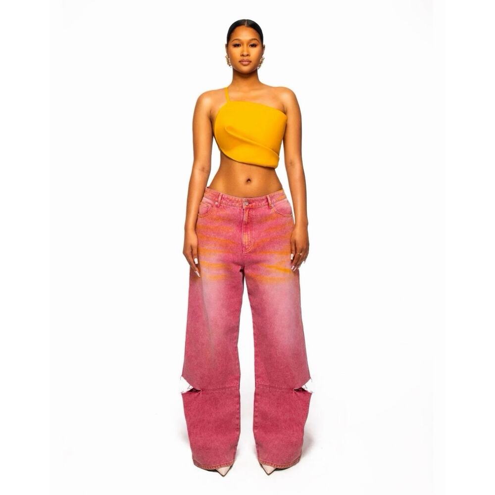 HANIFA Aster Acid Pink Wide Leg Slit Denim Jeans Size M